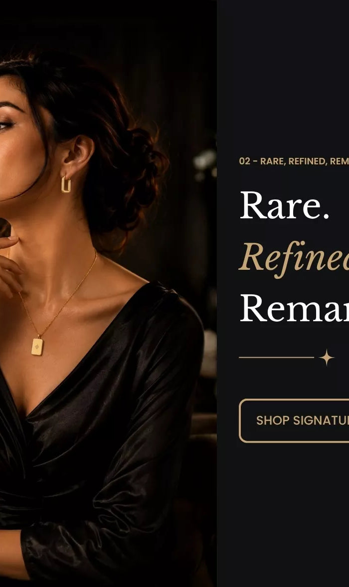 Elegant woman wearing gold jewellery and a black dress, showcasing Mitrava’s refined signature jewellery collection.