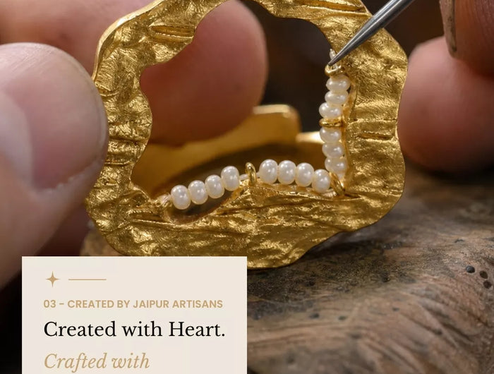 Jewellery artisans crafting gold pieces by hand, showcasing Mitrava’s Jaipur craftsmanship and attention to detail.