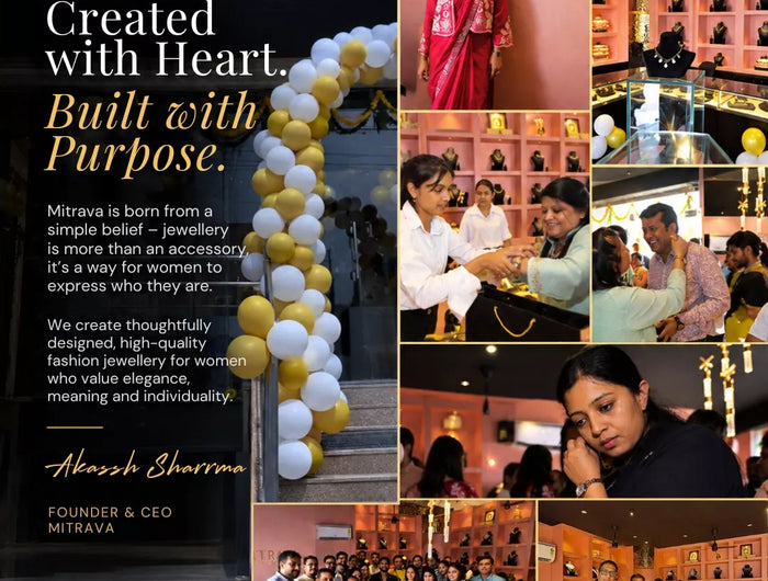 Mitrava founder’s note collage featuring the Jaipur store, founder, team, customers, and brand story.