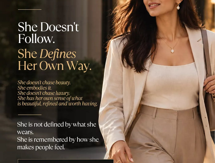 Confident woman in elegant neutral attire wearing Mitrava jewellery, representing the modern Mitrava woman.